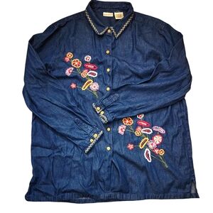 Vintage Bobbie Brooks Button Down Denim Shirt Embroidered Sequined Flowers XL‎
